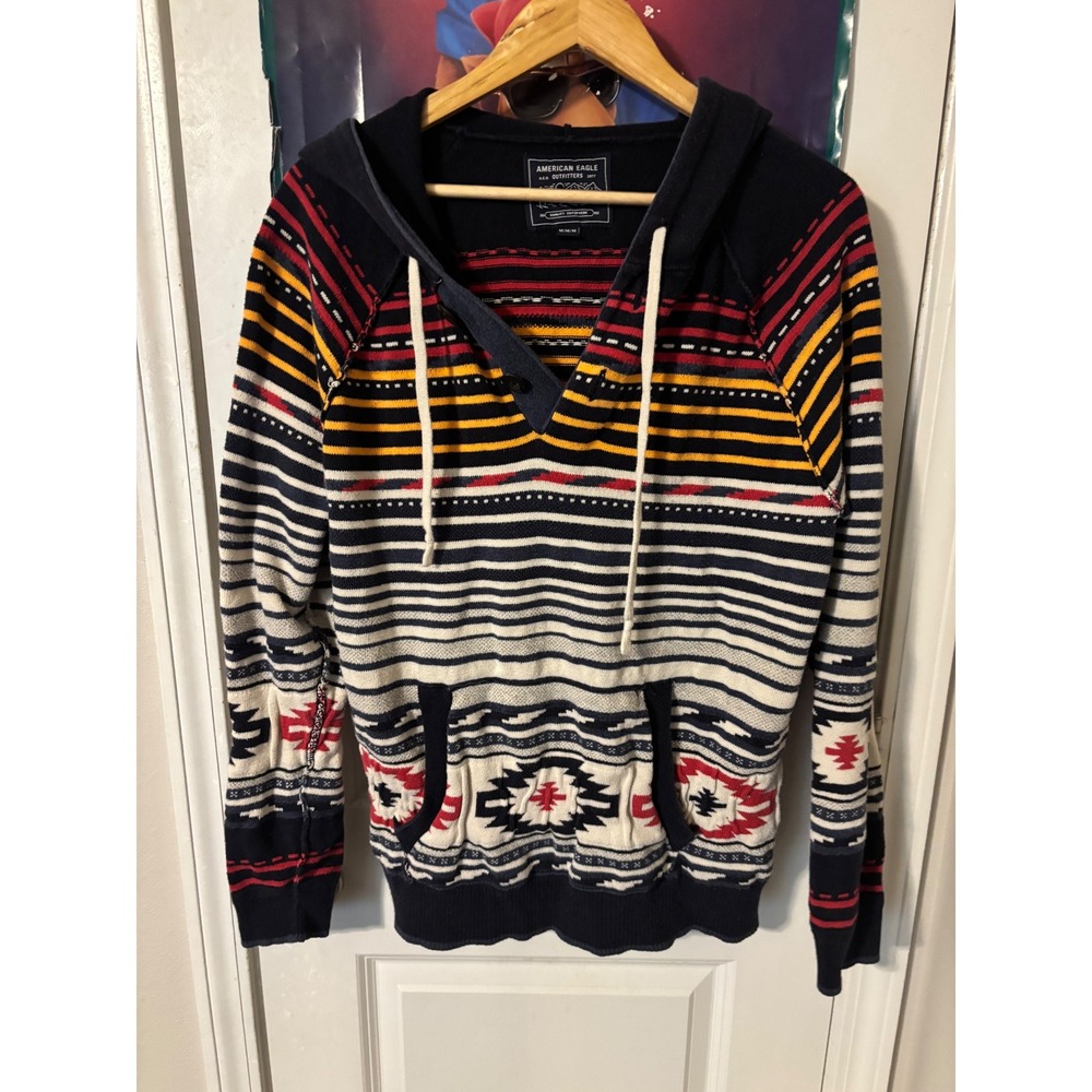 American Eagle Mens Southwestern Knit Hoodie Navy Red Yellow Geometric Sweater M